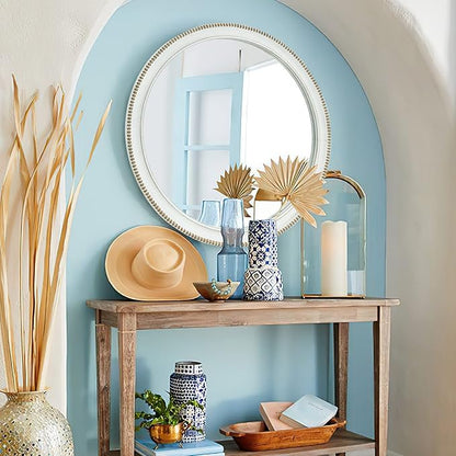 sawsile Wood Circle Mirror,Rustic Farmhouse Wall Mirror 32 inch Round Morden Decoration Wood Large Mirror White Accent Mirror for Bedroom,Living Room
