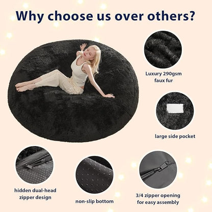 Bean Bag Cover (No Filler), Faux Fur Comfy Bean Bag Covers for Adults, Washable Beanbag Chair Cover, Fluffy Plush Giant Bean Bags Chairs Covers for Teens Kids Girls, Anti-Slip, 5FT, Black