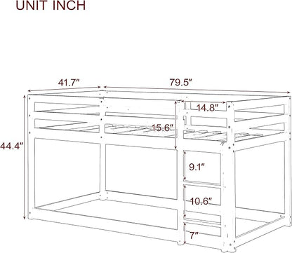 HomSof Twin Over Twin Low Floor Loft Bed with Guard Rails for Dormitory Bedroom,Bottom Without Bed slats,White