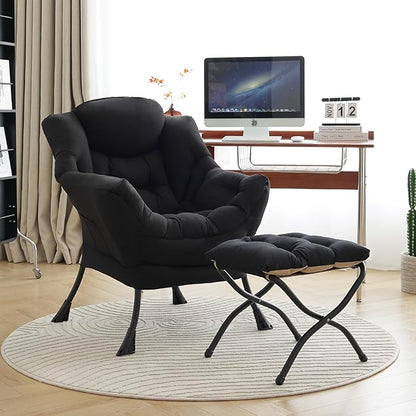 LITA Lazy Chair With Ottoman, Modern Accent Leisure Upholstered Sofa, Contemporary Lounge Reading With Armrests and Side Pocket for Living Room, Bedroom & Small Space, Black