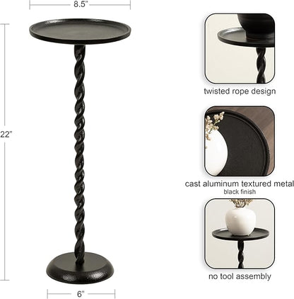 Kate and Laurel Ropa Transitional Round Pedestal Drink Table, 9 x 9 x 22, Black, Decorative Cast Aluminum Mini Table with Spiral Rope Design for Use as Indoor Plant Stand or Living Room Accent