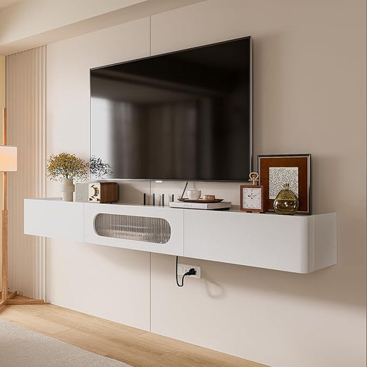 Floaticase Floating TV Stand, 47IN Fully Assembled Hign Gloss Wall Mounted TV Console with Flip-Down Door & Drawers for Livingroom, Bedroom