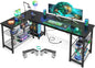 Casaottima 59 Inch L Shaped Gaming Desk with Shelves & Power Outlets, Reversible Computer Desk with Storage Shelves for Home Office, Black