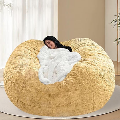 BCU Oversized Bean Bag Cover Comfy Beanbag Chair for Adults Without Filler Faux Fur Floor Chair Lazy Sofa Cover Comfy for Living Room Chairs, Lemon Yellow, 5FT