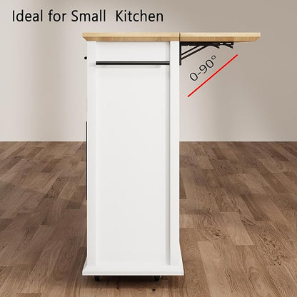 Mobile Modern Storage Island,Rolling Kitchen Island with Drop Leaf - Door Cabinet, Drawer, Bar Cart with Cabinet, Portable Cart Island Table for Kitchen,White