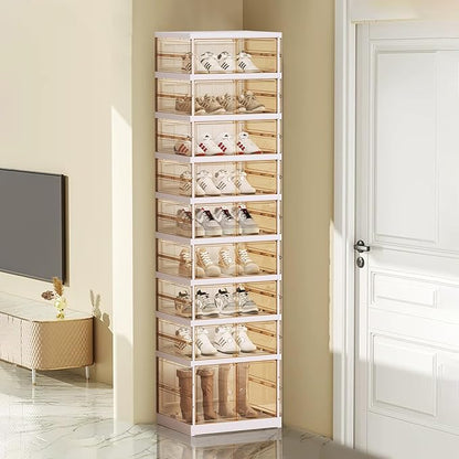 ELPHECO 9 Tier 18 Pairs Plastic Shoe Rack - Clear Foldable Shoe Organizer, Folding Entryway Shoe Cabinet, Collapsible Sneaker with Magnetic Doors, Stackable Shoe Shelf,Three-Sided Clear Shoe Box