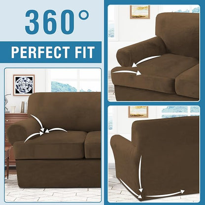 H.VERSAILTEX Sofa Cover 4 Piece T Cushion Sofa Slipcovers Thick Velvet Couch Cover Stretch T Cushion Sofa Covers for 3 Cushion Couch with 3 Individual T Cushion Covers, Bronze Brown