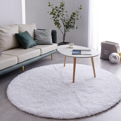 FJZFING White Round Rug Ultra-Soft Plush Modern 7x7 Circle Area Rug for Kid's Bedroom, Fluffy Shag Circular Rug for Nursery Room, Non-Slip Home Decor Cute White Carpet for Teen's Room
