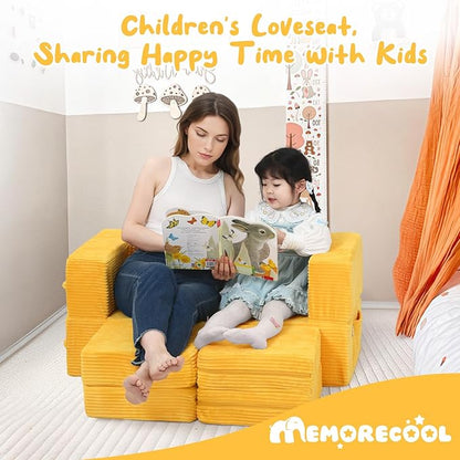MeMoreCool Modular Kids Couch, Corduroy Play Toddler Couch for Bedroom Playroom Furniture, Convertible Foam Kids Sofa Bed, Fold Out Baby Sofa for Girl Boy, Yellow