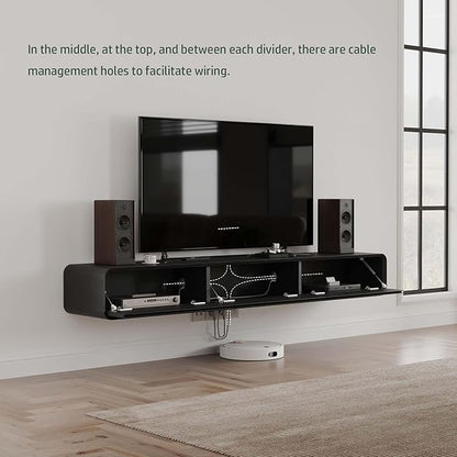 Minimalist Floating TV Stand with LED Lights, Modern Wall-Mounted Media Console with 3 Flip-Down Cabinet Doors for 55 Inch TV, Fully-Assembled, Black Oak, 63"