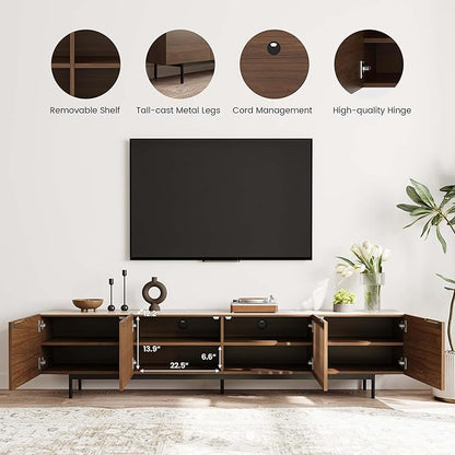 POVISON Mid Century Modern Sintered Stone TV Stand, Slatted Media Console TV Cabinet with Tall-cast Metal Legs, Fluted Entertainment Center with Storage, Fully-Assembled (Walnut, 94.49")