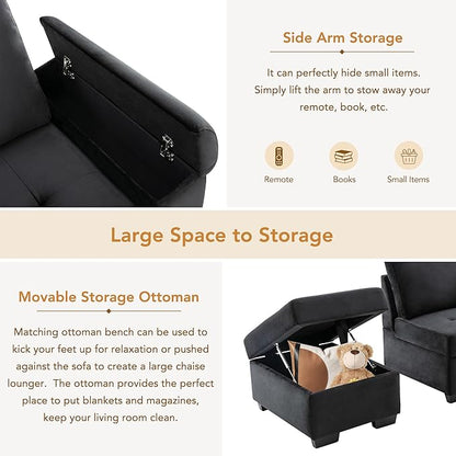 Ball & Cast Sleeper Sofa Bed L Shaped Couch with Storage Otooman and Cup Holder,L-Shaped Sectional Couch w/Hidden Arm Storage & USB Charge,4-Seater Sectional Sofa for Living Room,Apartment,Black