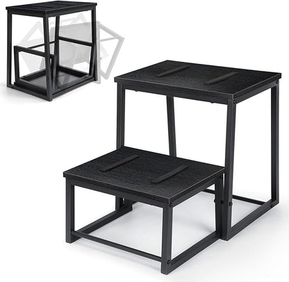 Vrisa Step Stool for Adults Wooden 2 Steps Footstool Heavy Duty RV Bedside Stepping Stool for High Beds with Metal Frame Hold Up 500LB Foot Stool for Kitchen Bathroom Bedroom, Black