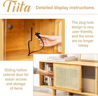 Tiita Rattan TV Stand for 55 65 Inch TV, Bamboo TV Cabinet with 2 Drawers, Boho Entertainment Center with Adjustable Shelf, Mid Century Modern Media Console for Bedroom, Living Room, Walnut