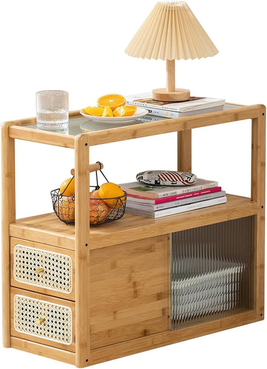Bamboo & Rattan Side Table with Glass Top – 2-in-1 End Table and Bedside Cabinet with Drawer Storage for Small Spaces, Bedroom, Living Room, Nature