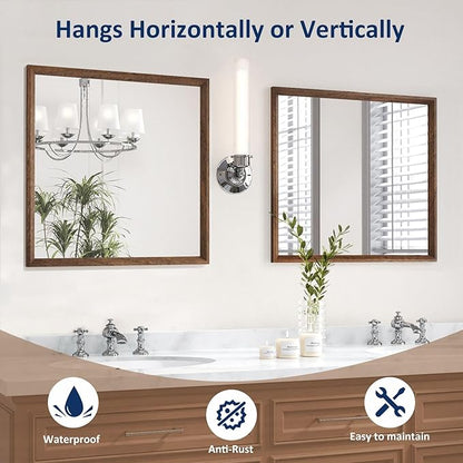WEER Bathroom Mirror, 40x36 Inch Wall Mirror, Walnut Wood Grain Framed Mirror, Rectangle Vanity Mirror, Tempered Glass, Anti-Rust, Hangs Horizontally or Vertically