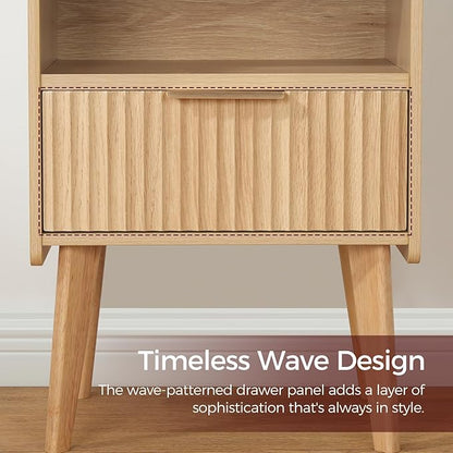 Fluted Nightstand, End Table, Small Modern Bedside Table with Charging Station, Side Table with Drawer, for Small Spaces, Bedroom, Living Room, Natural ETNA61E01