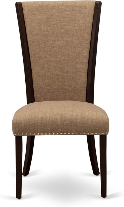 East West Furniture VEP3T47 Verona Modern Parson Chairs - Nailhead Trim Light Sable Linen Fabric Upholstered Dining Chairs, Set of 2, Mahogany
