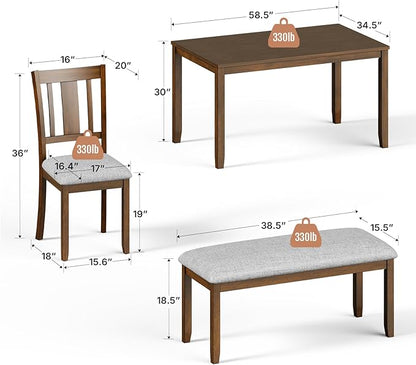 6-Piece Wooden Dining Set, Dining Table & Chair Set for 6, Includes Dining Table, 4 Upholstered Chairs & 1 Bench, Dining Table with Wood Legs, Table Set for Dining Room, Kitchen, Walnut