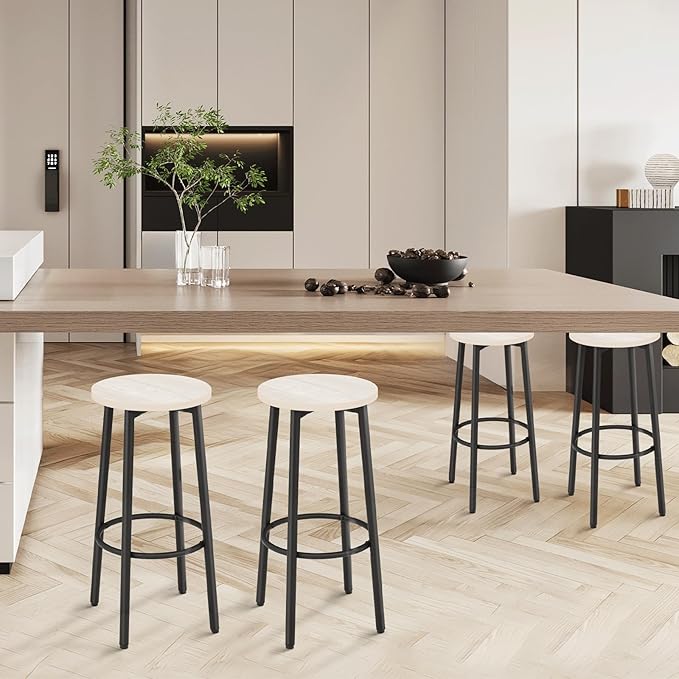Athena Collection Bar Stools Set of 2, 25.5 Inches Round Counter Height Bar Stools Backless with Metal Legs and Footrest, Wood Barstools for Home, Kitchen Island, Counter, Grey