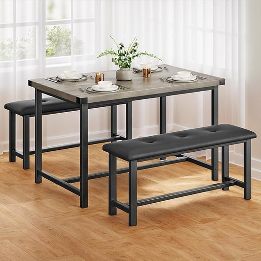 3 PSC Dining Table Set with 2 Upholstered Benches and 1 Table for 4, 44" Small Space Breakfast Nook Set, Kitchen Table with Tufted Upholstered Seats, Rustic Wood & Metal Frame, Easy Assembly