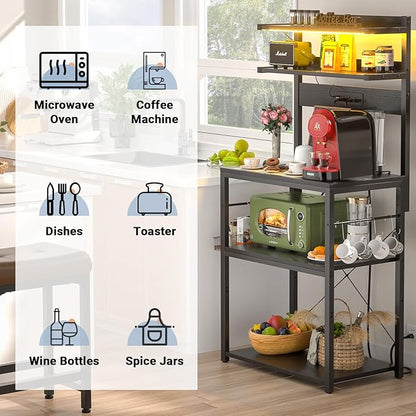 Aheaplus Bakers Rack with Power Outlet, Microwave Stand, 5 Tiers Coffee Bar Station with Led Lights, Kitchen Storage Shelf with 6 S-Shaped Hooks, Kitchen Rack for Spices, Pots and Pans, Black