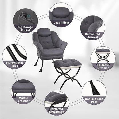 IDEALHOUSE Lazy Chair with Ottoman - Modern Living Room Chairs for Small Spaces, Ergonomic Reading Chair with Armrests, Comfy Chair with Ottoman for Bedroom & Living Room, Grey