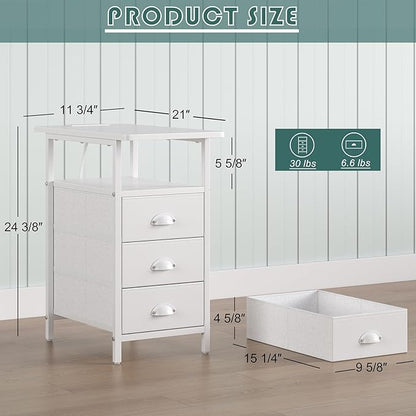 End Table with Charging Station,LED Side Tables with USB Ports and Outlets,Narrow Nightstands Bedside Tables with 3 Drawers PU Finish for Small Space,Slim Sofa Table for Livingroom,White