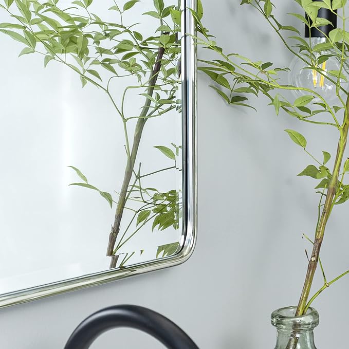 TEHOME 27 x 35'' Farmhouse Chrome Metal Framed Pivot Rectangle Bathroom Mirror Tilting Beveled Vanity Mirrors for Wall