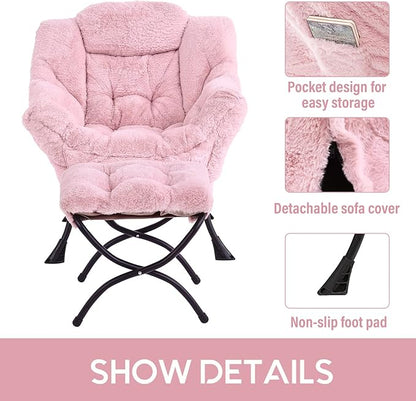 LITA Lazy Chair with Ottoman, Modern Accent Leisure Upholstered Sofa, Contemporary Lounge Reading Chair with Armrests and a Side Pocket for Living Room, Bedroom & Small Spaces, Plush Pink