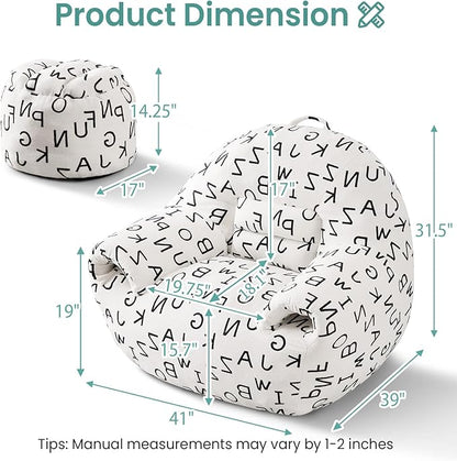 DAICO Bean Bag Chairs for Adults Comfy Accent Chair with Ottoman Floor Sofa Beanbag Couch with Armrests White Single Lazy Sofas with Foam for Living Room Reading Bedroom Gaming (Letter Pattern)