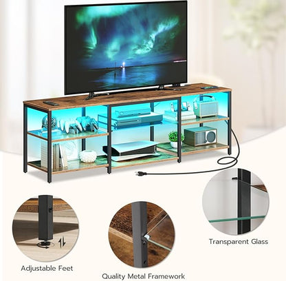 HOOBRO LED TV Stand for 75 Inch TVs with Charging Station, Gaming Entertainment Center with Open Storage, Media TV Console Table, TV Stand for Living Room, Bedroom, Rustic Brown and Black BF21UDDS01
