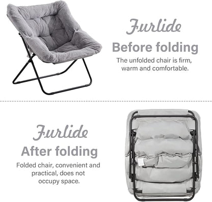 Comfy Dorm Chair - Oversized Folding Saucer Chair with Soft Faux Fur, Metal Frame, for Bedroom, Living Room, Balcony, Patio, Study, Playroom (Grey)
