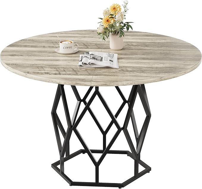 GarveeHome Round Dining Table for 4-6 People, 47 Inch Farmhouse Kitchen Table, Sturdy Metal Base, Industrial Wood Dinning Room Table for Kitchen, Grey