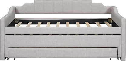 Twin Size Upholstered Daybed with Trundle and Three Lower Drawers,Linen Sofa Bed for Apartment Living Room Guest Room,Solid Wood Trundle Day Bed Frame, No Box Spring Needed,Beige