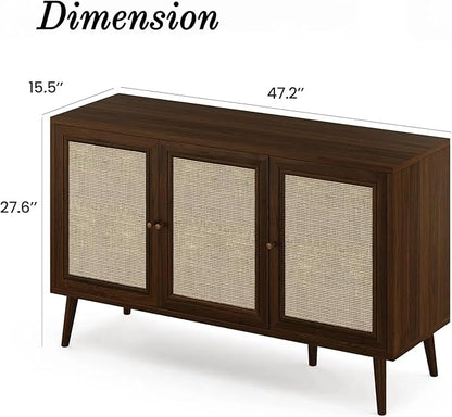 Rattan Entryway Table, Entertainment Center with Adjustable Shelf, Sideboard Buffet Cabinet with 3 Rattan Doors, Modern Console Cabinet with Large Storage for Living Room, Kitchen, Dark Brown