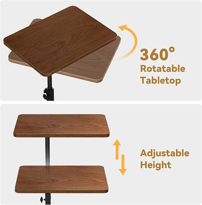 NiHome Minimalist Height Adjustable End Table, 360° Rotatable Sofa Armrest Side Tray Table, Adjustable Legs Space-Saving Couch Bedside Bathtub TV Tray C-Shaped End Table Snack Table for Eating (Brown)