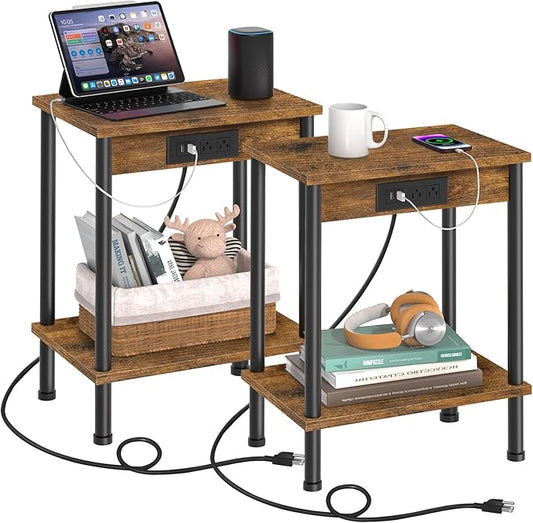 End Table with Charging Station,Small Side Table,2-Tier Nightstand with Storage Shelf,Sofa Bedside Table for Small Spaces in Living Room,Bedroom,Office,Easy Assembly,Rustic Brown