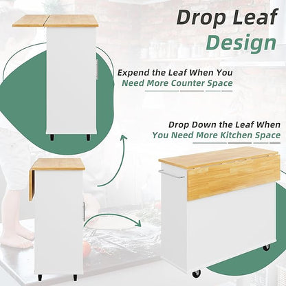 Shintenchi Rolling Kitchen Island Cart with Folding Drop Leaf Breakfast Bar, Portable Trolley Island with Large Storage Cabinet, Shelf and Drawer, White