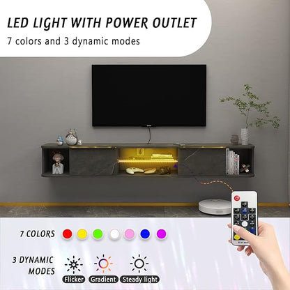 Pmnianhua LED Floating TV Stand with 2 Drawers for 80 inch TV,78'' Floating TV Shelf with LED Lights,Wall Mounted TV Console,Floating Shelf for Under TV (Dark Grey)