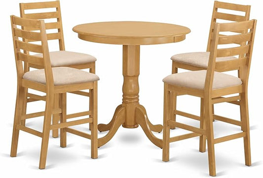 East West Furniture JACF5-OAK-C 5 Piece Counter Height Pub Set Includes a Round Dining Table with Pedestal and 4 Linen Fabric Upholstered Kitchen Chairs, 36x36 Inch, Oak