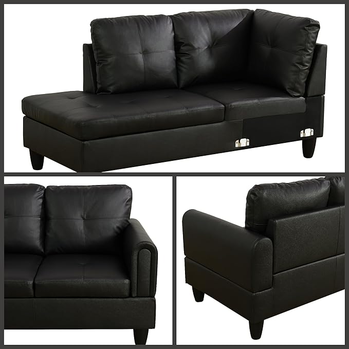 L Shaped Couch Sectional Couches with Chaise, 3 Pieces Modular Convertible Sofa for Living Room Furniture Sets and Small Apartment Faux Leather, Black