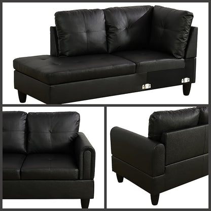 L Shaped Couch Sectional Couches with Chaise, 3 Pieces Modular Convertible Sofa for Living Room Furniture Sets and Small Apartment Faux Leather, Black