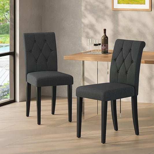 Upholstered Dining Chairs Set of 2, Button Tufted Parsons Dining Chair with Solid Wood Legs, Modern Fabric Side Chair for Dining Room/Kitchen/Restaurant/Hotel- Black