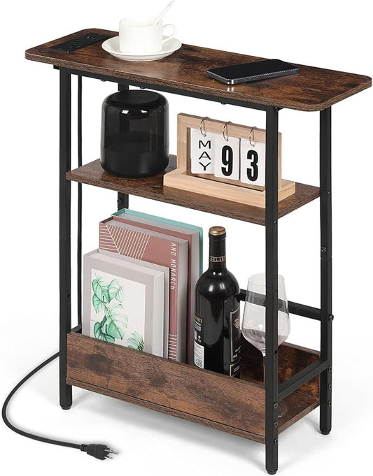 Narrow Side Table with USB-C Charging Station, 3-Tier Slim End Table with Magazine Holder, Modern Side Table for Couch or Small Spaces, Skinny Nightstand for Living Room or Bedroom
