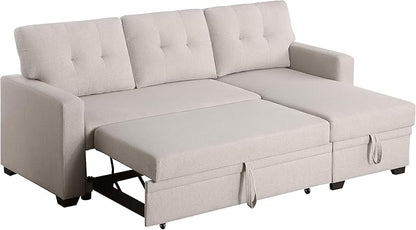 82 Inch Convertible Sleeper Sectional Sofa with Storage Chaise and Pull-Out Bed, Linen Upholstered Reversible Corner Couch, Modular L Shaped Couches for Living Room, Home Furniture, Beige