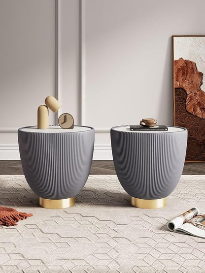 Manhattan Comfort Anderson Modern 18" Round End Table 2.0 | Ceramic Marble Tabletop, Elegant Pleated Leatherette Design & Gold Stainless Steel Base, Fully Assembled Accent Furniture, Set of 2, Grey