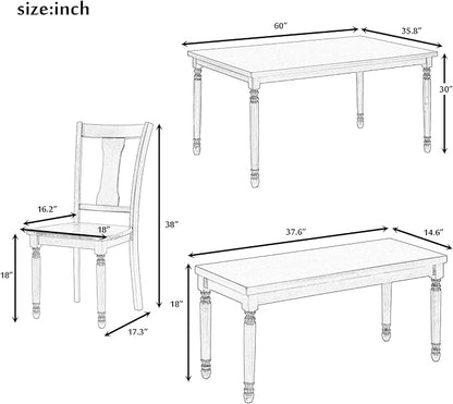 6 Pieces Dining Table Set with 60" Rectangle Kitchen Desk,Living Room Furniture W/ 4 Concave Arc Chairs & 1 Bench,for Restaurant,Home Bistro,Brown+Cottage White