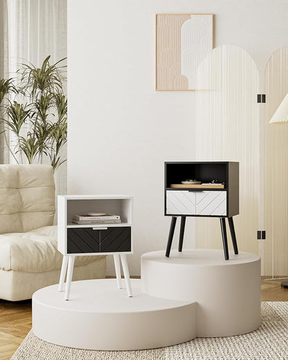 Nightstand,Bedside Table with Gold Frame, Black Night Stand, Modern Bedside Furniture,End Table with Drawer and Shelf for Bedroom,Living Room