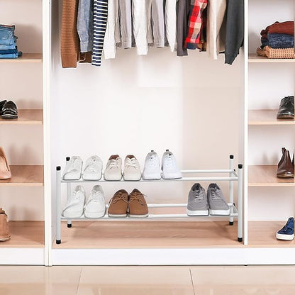 STORAGE MANIAC Expandable Shoe Rack, 8 Pairs Stackable Small Shoe Rack, Metal Adjustable Shoes Organizer for Closet, Entryway, Hallway, Garage, Front Door, Shoes Shelves, White 2 Tier